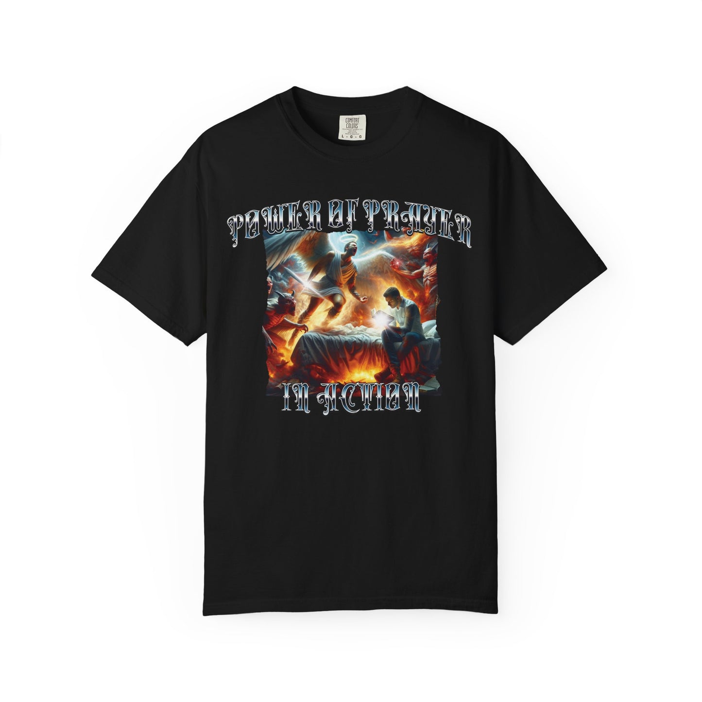 Power of prayer in action short sleeve Christian t-shirt, cool faith tee, mens supernatural spiritual warfare shirt, bible word of God tee