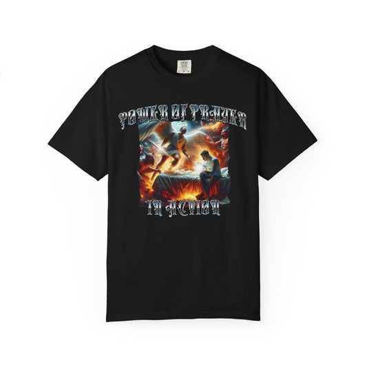 Power of prayer in action short sleeve Christian t-shirt, cool faith tee, mens supernatural spiritual warfare shirt, bible word of God tee