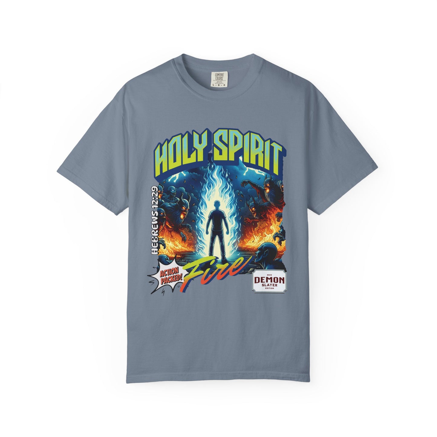 Holy Spirit fire short sleeve Christian t-shirt, cool faith tee, vintage comic book style shirt, bible scripture quote, word of God tee