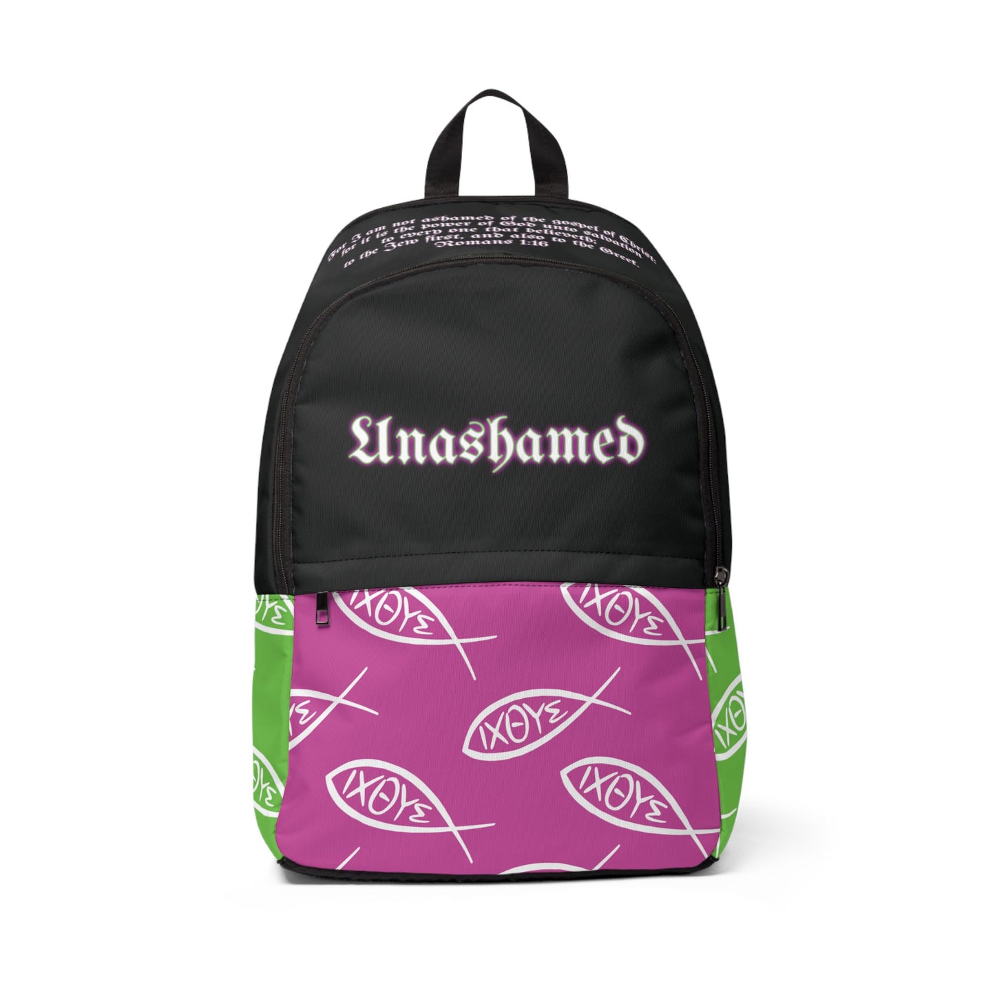 Christian neon color unashamed fisher of men Backpack, bible verse scripture Jesus faith bookbag