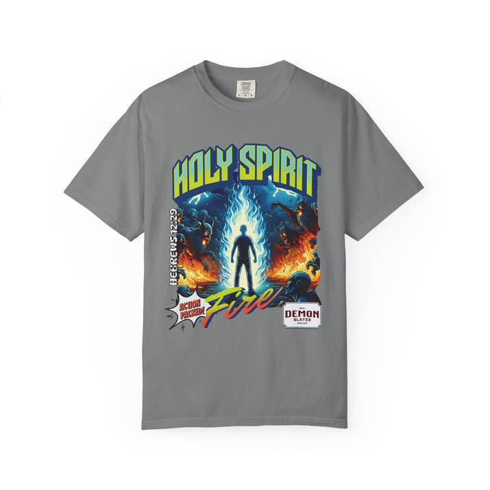 Holy Spirit fire short sleeve Christian t-shirt, cool faith tee, vintage comic book style shirt, bible scripture quote, word of God tee
