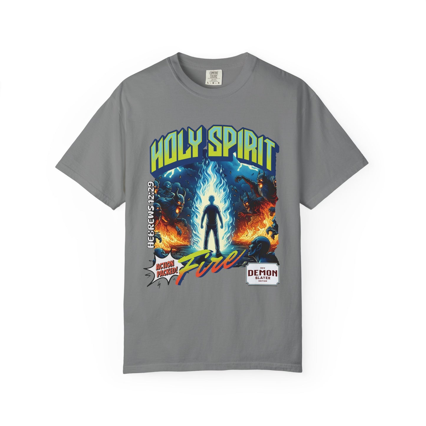 Holy Spirit fire short sleeve Christian t-shirt, cool faith tee, vintage comic book style shirt, bible scripture quote, word of God tee