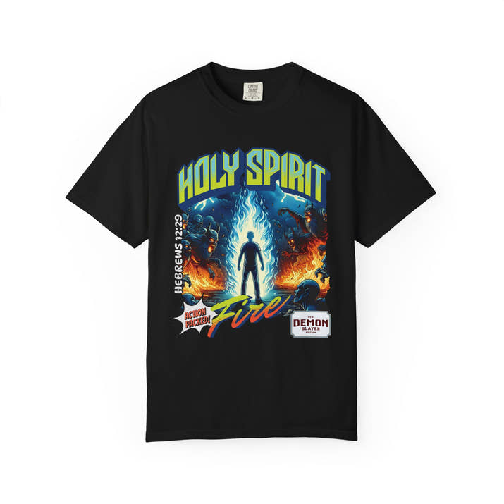 Holy Spirit fire short sleeve Christian t-shirt, cool faith tee, vintage comic book style shirt, bible scripture quote, word of God tee