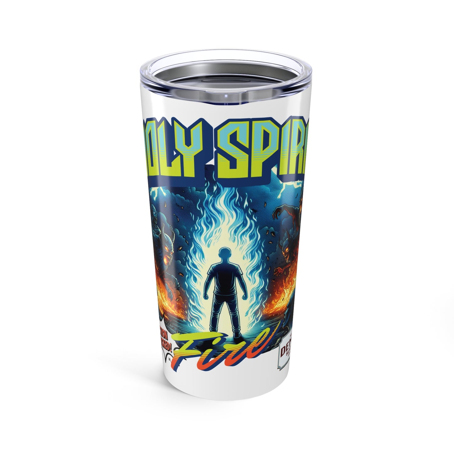Holy Spirit fire Christian Tumbler 20oz, cool faith cup, vintage comic book style insulated cup, bible scripture quote, word of God