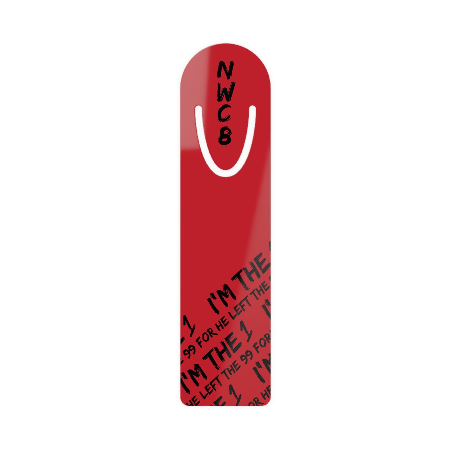 Red Metal Bookmark with 'NW C8' and Repeated "I'M THE" Text – Modern Reading Accessory