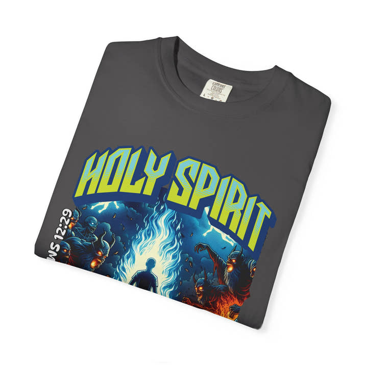 Holy Spirit fire short sleeve Christian t-shirt, cool faith tee, vintage comic book style shirt, bible scripture quote, word of God tee
