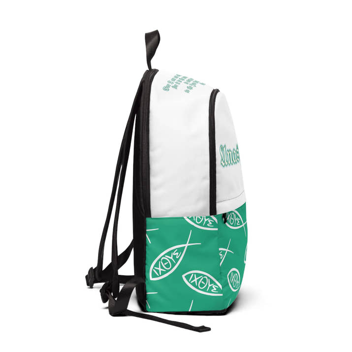 Christian teal unashamed fisher of men Backpack, bible verse scripture Jesus faith bookbag