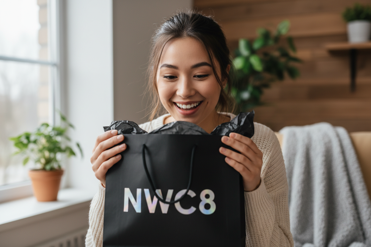 Asian woman delighted peeking into NWC8 bag - surprised expression