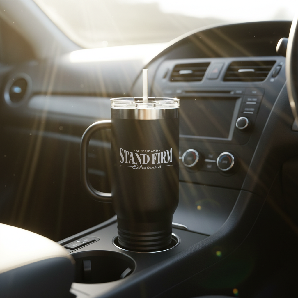 Black Stand Firm tumbler in car cup holder with morning sunlight