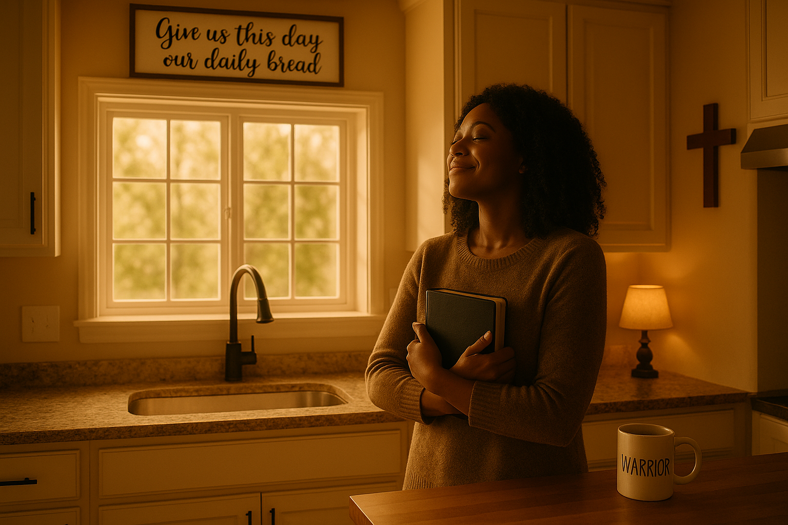 Black woman with Bible in kitchen