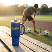 Blue Stand Firm tumbler on bleachers with teen athlete stretching