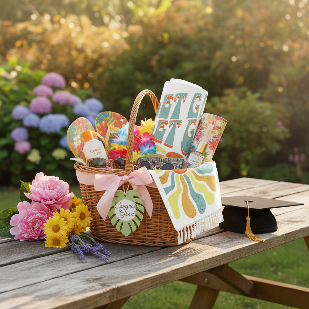 Boho towel in spring break or graduation gift basket