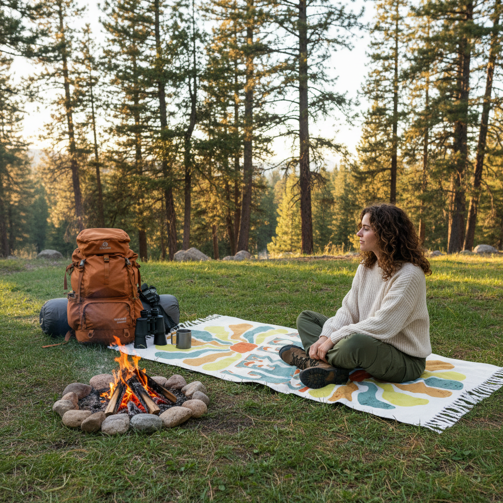 Boho towel spread on grass near campfire