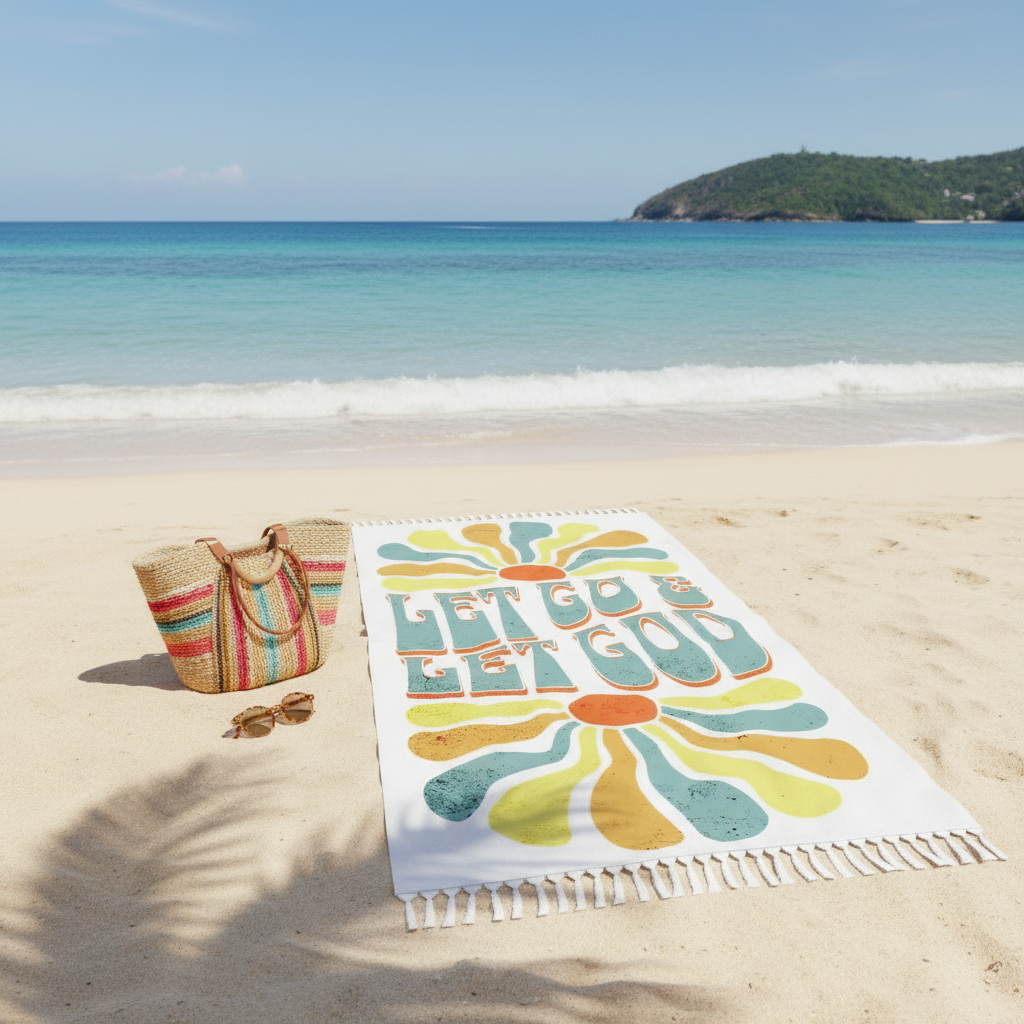 Boho towel spread on sandy beach with ocean waves