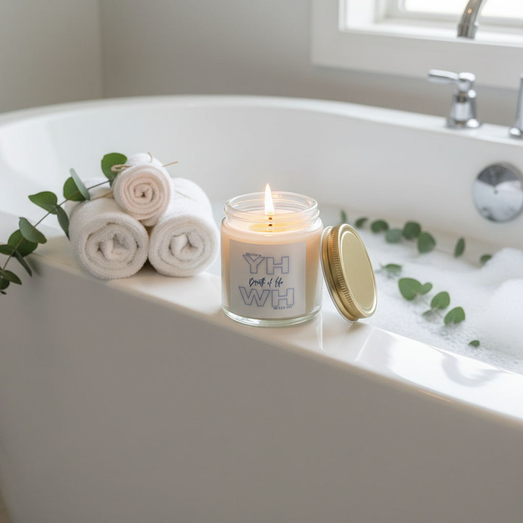 Clear candle lit on bathtub edge during spa bath