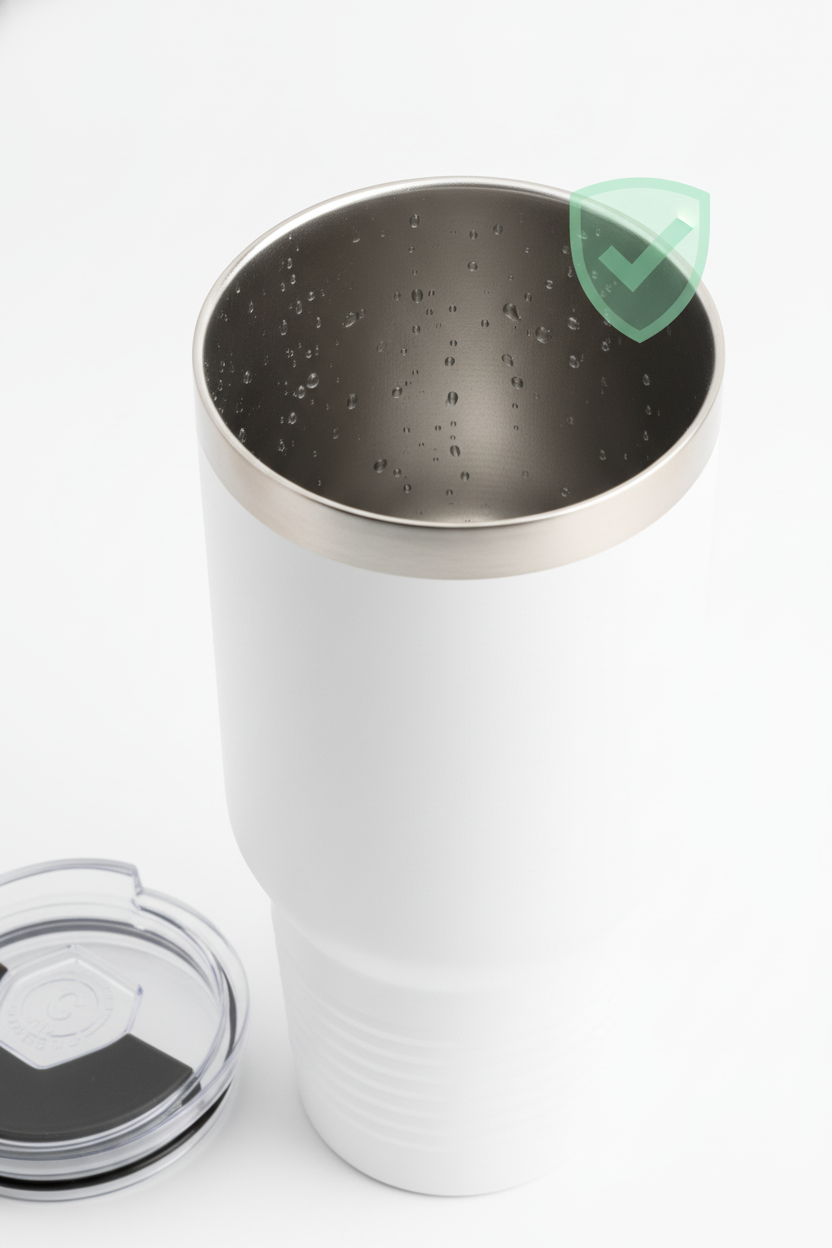 Close-up of pristine stainless steel interior with safety emphasis