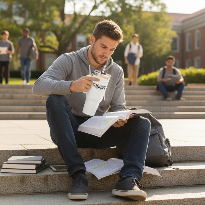 College guy with white Stand Firm tumbler studying on campus steps