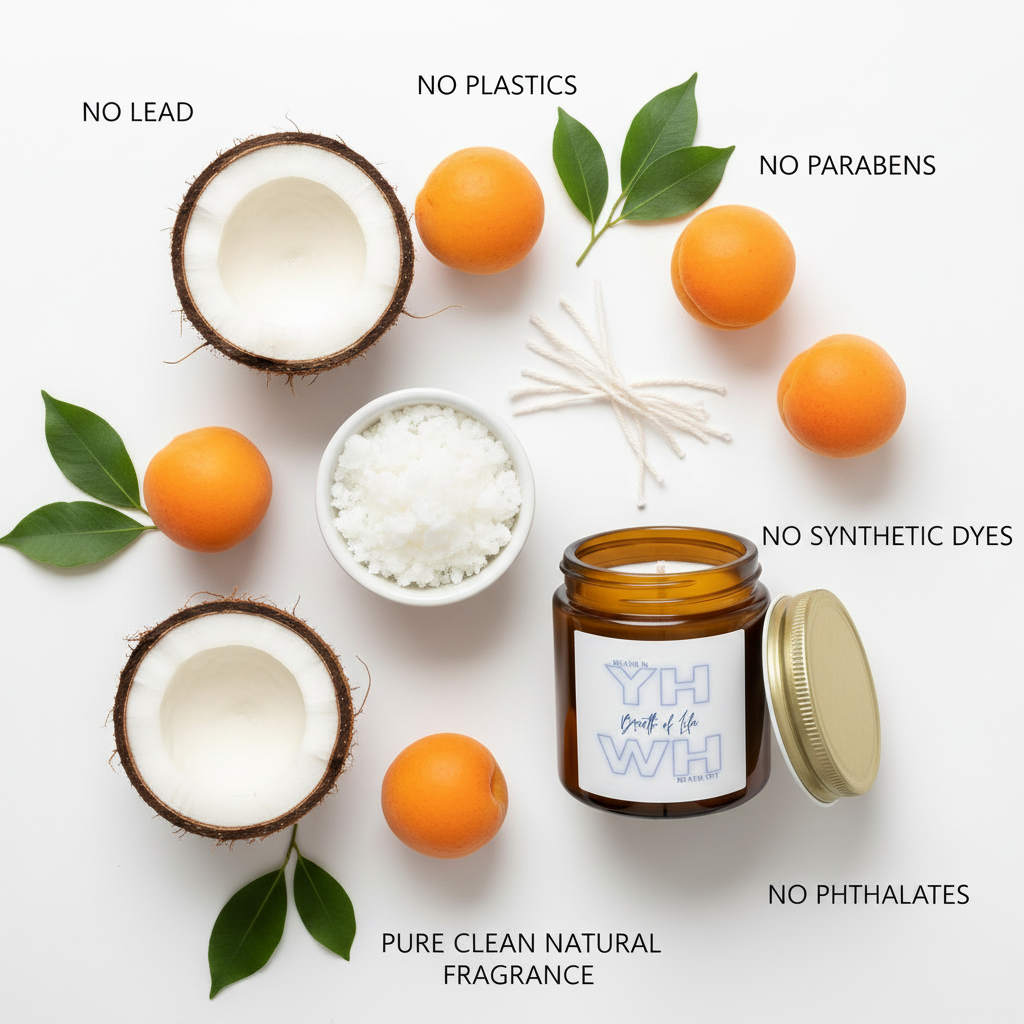 Flat lay showing colorless coconut apricot wax and natural ingredients