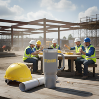 Gray Stand Firm tumbler on construction lunch table with hard hat and workers