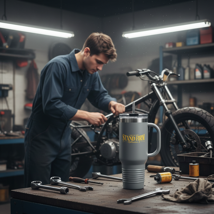 Gray Stand Firm tumbler on mechanic's workbench with man working on motorcycle