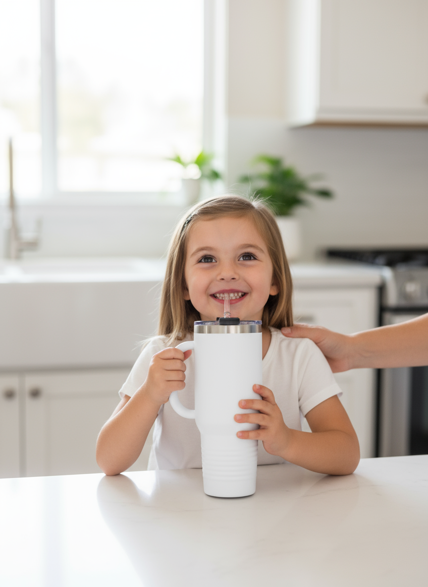 Happy child safely drinking from tumbler at kitchen table with parent supervision