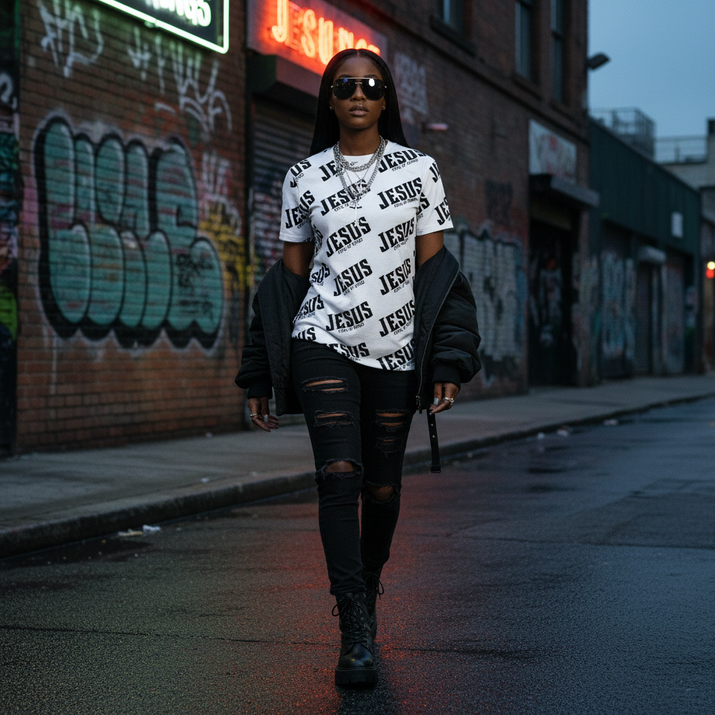 Jesus all-over - Black woman - bomber jacket combat boots graffiti