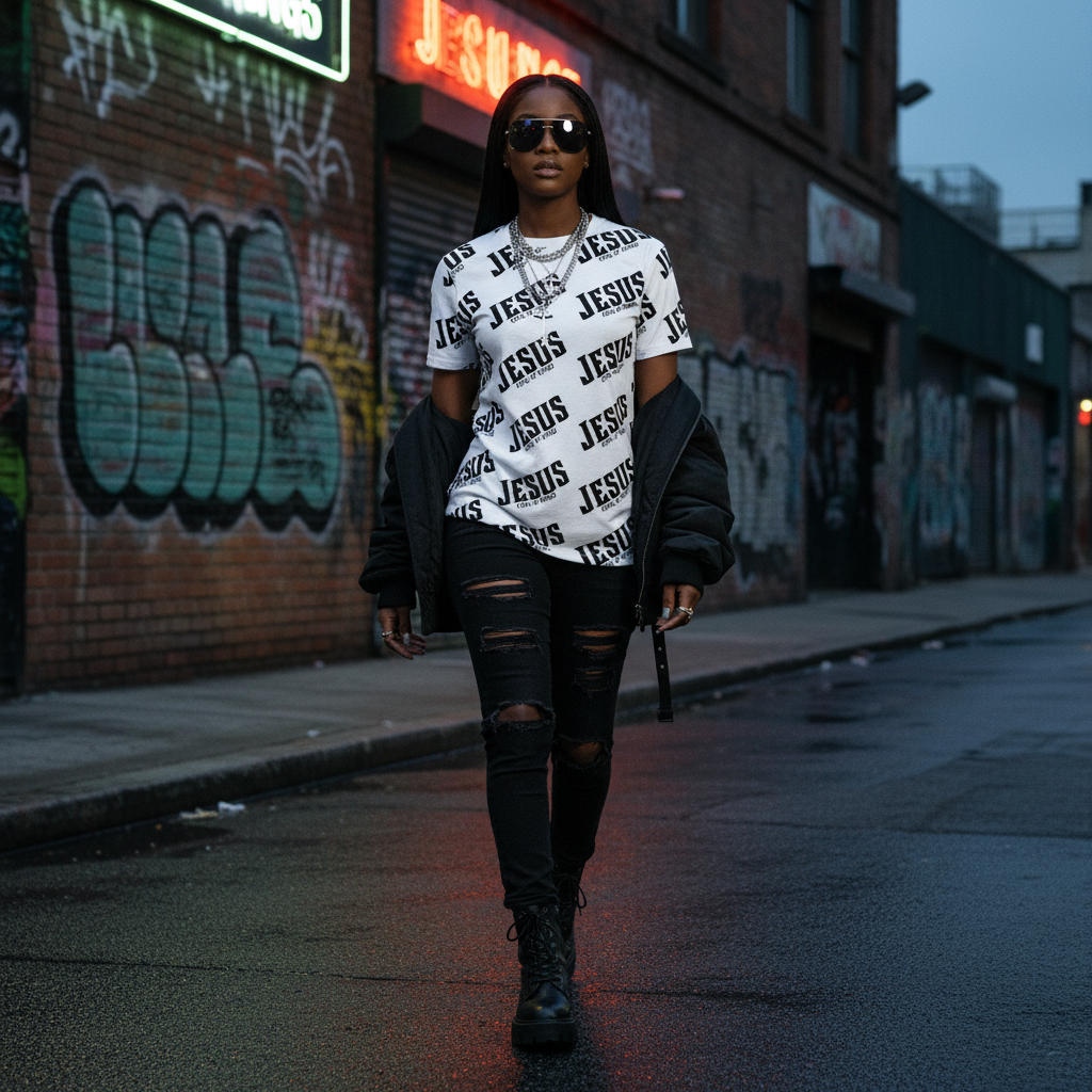 Jesus all-over - Black woman - bomber jacket combat boots graffiti