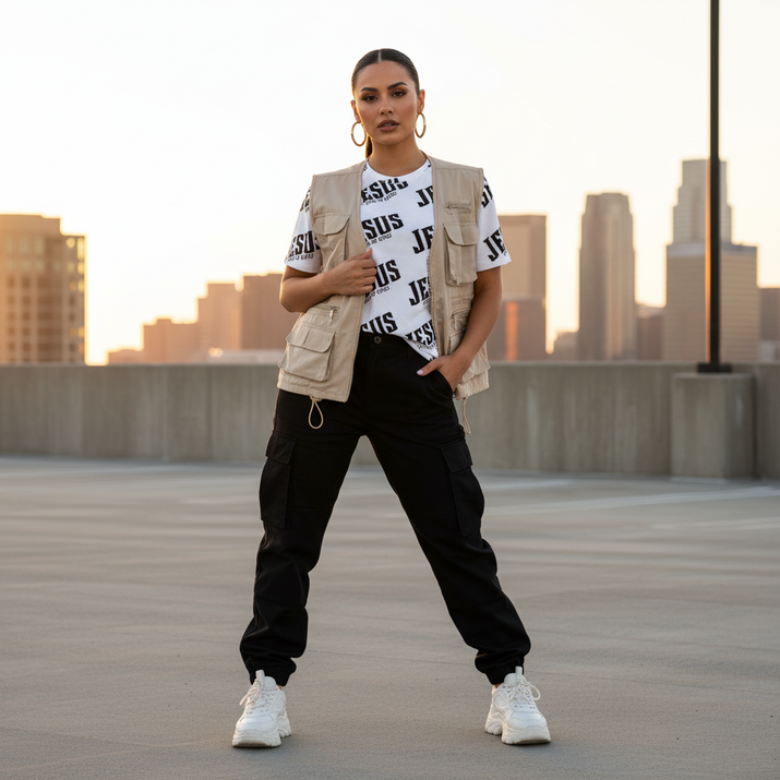 Jesus all-over - Latina woman - cargo pants platform sneakers rooftop