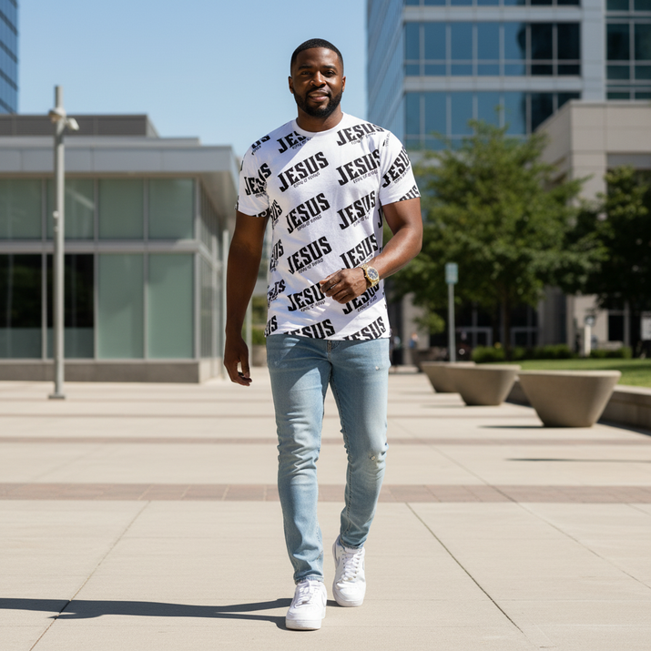 Jesus all-over print - Black man early 30s - light jeans clean style