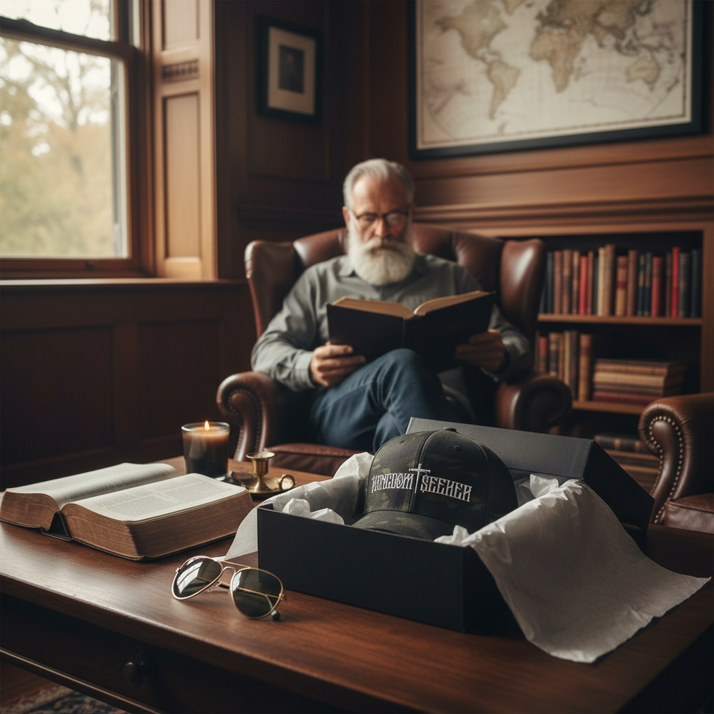 Kingdom Seeker hat in elegant black gift box with older man reading Bible