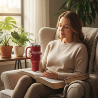 Middle-aged woman with red Stand Firm tumbler doing Bible study