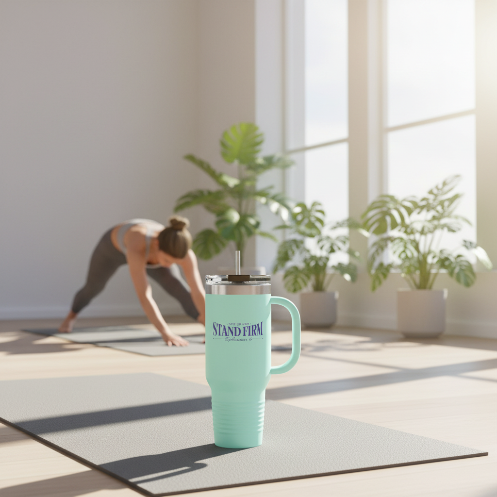 Mint Stand Firm tumbler on yoga mat with woman stretching in background