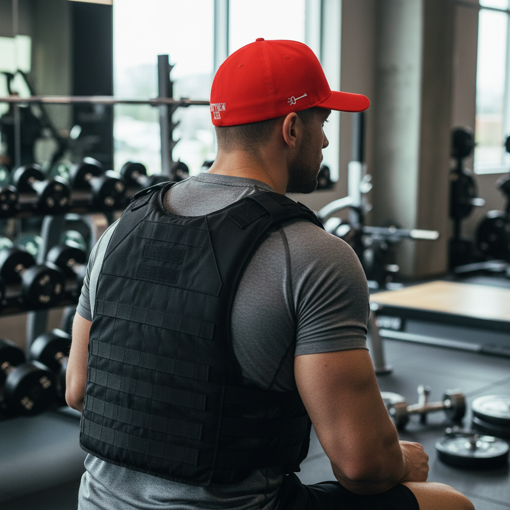 Muscular Navy SEAL-type man at gym - red hat with key embroidery
