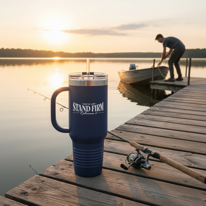 Navy Stand Firm tumbler on wooden dock by lake at sunrise with fishing rod
