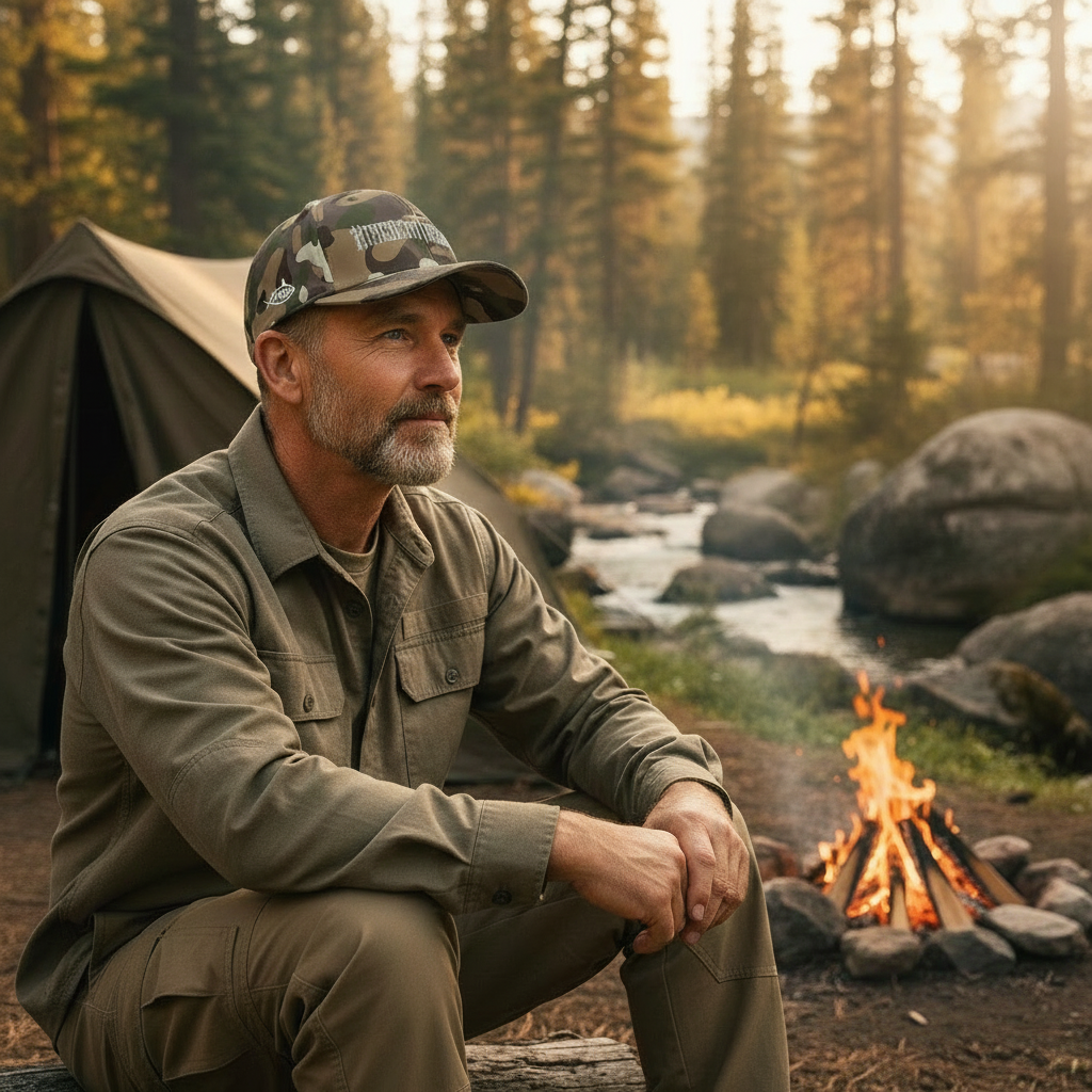 Older veteran man camping - left side view showing fish embroidery