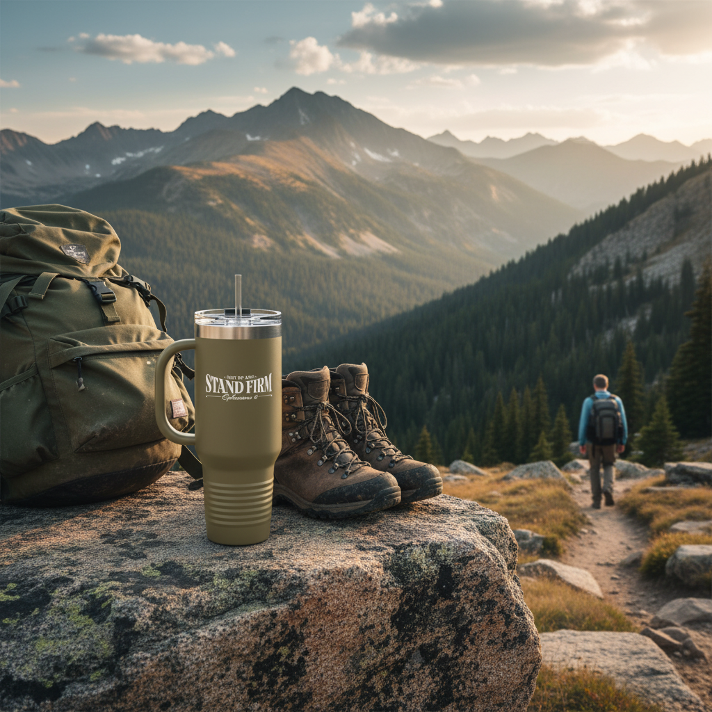 Olive Stand Firm tumbler on trail rock with mountain vista and hiker