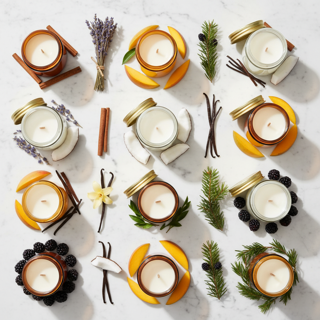 Overhead view of candles with natural scent ingredients
