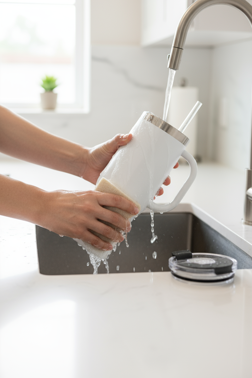 Person washing tumbler with soft sponge in bright kitchen