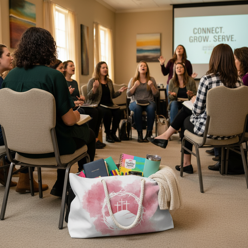 Pink tote at busy women's retreat