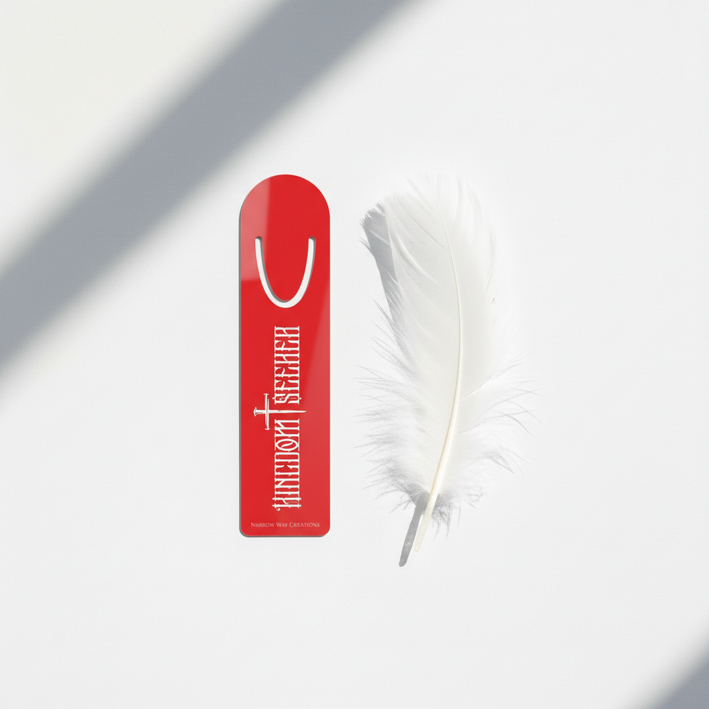 Red Blessed Warrior Bookmark Next to Feather
