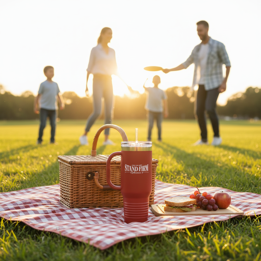 Red Stand Firm tumbler on picnic blanket with family in background