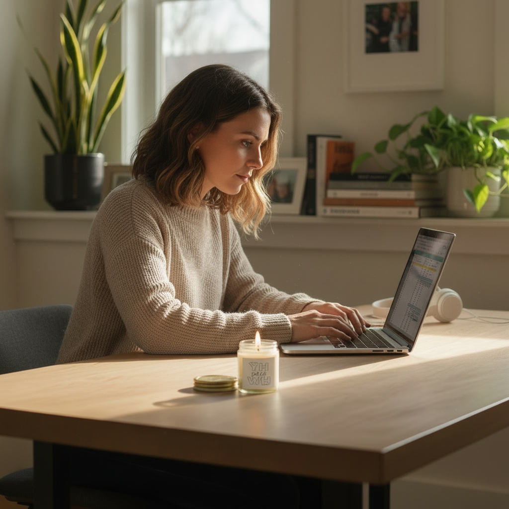 Small 4oz clear candle on home office desk without mug