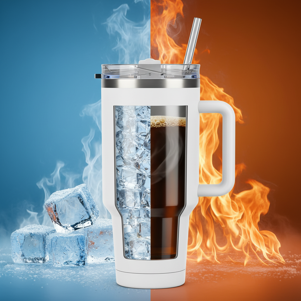 Split background ice and fire with tumbler cutaway showing double-wall insulation