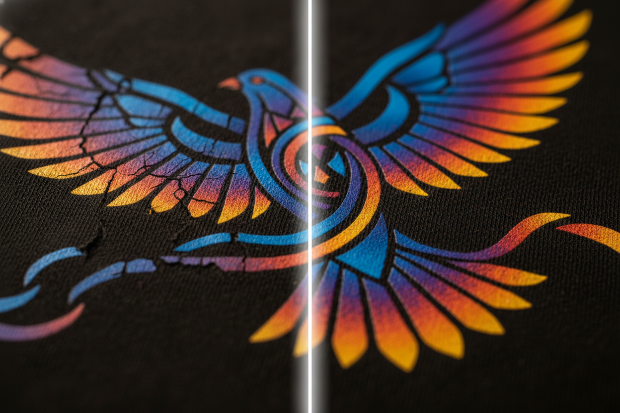 Split comparison with dividing line: cracked print vs perfect premium print