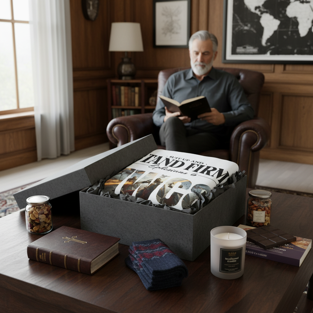Stand Firm NWC8 blanket in dark gift box with Bible, socks, and older man in leather chair