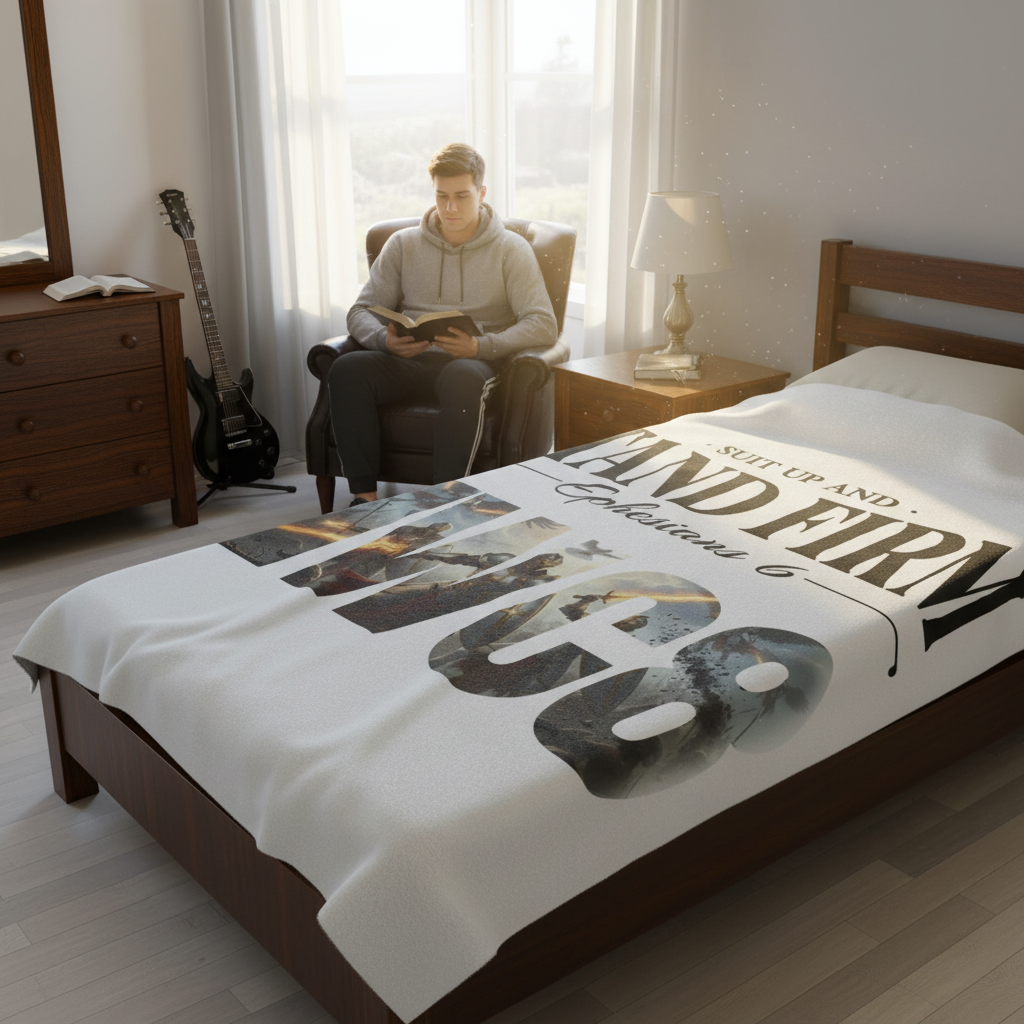 Stand Firm NWC8 blanket on bed with man reading Bible in chair
