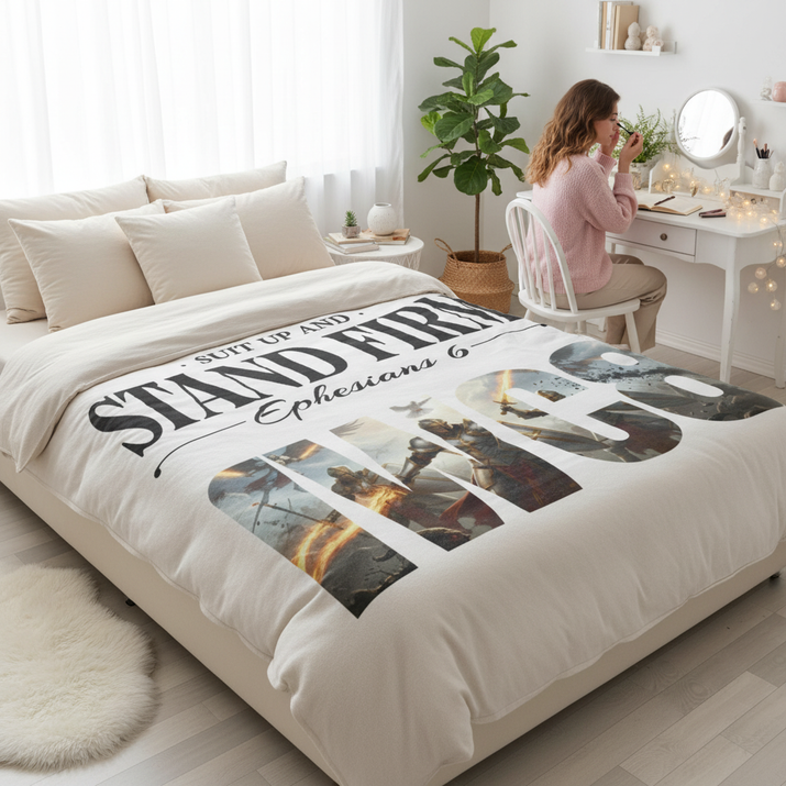 Stand Firm NWC8 blanket on bed with woman at vanity in feminine bedroom