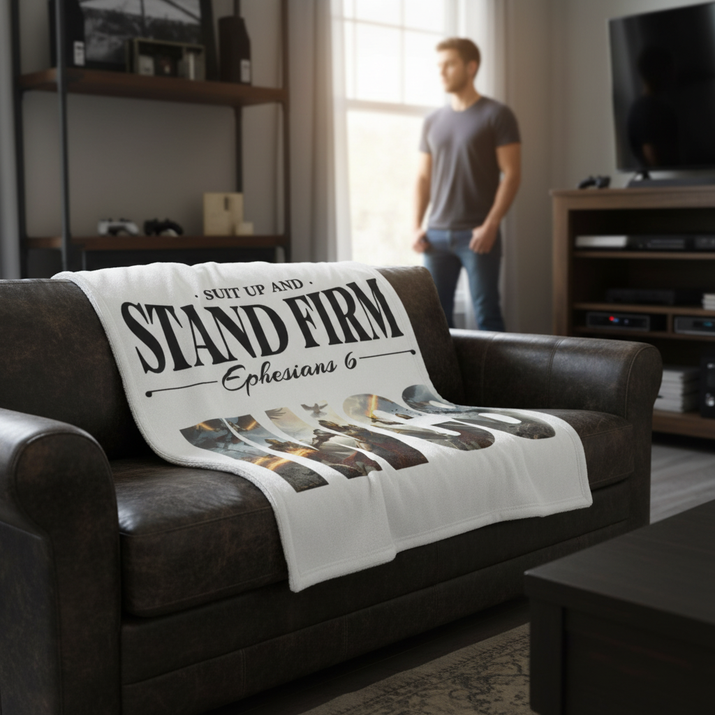 Stand Firm NWC8 blanket on leather couch with man standing by window