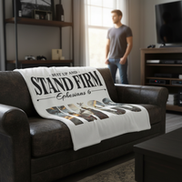 Stand Firm NWC8 blanket on leather couch with man standing by window