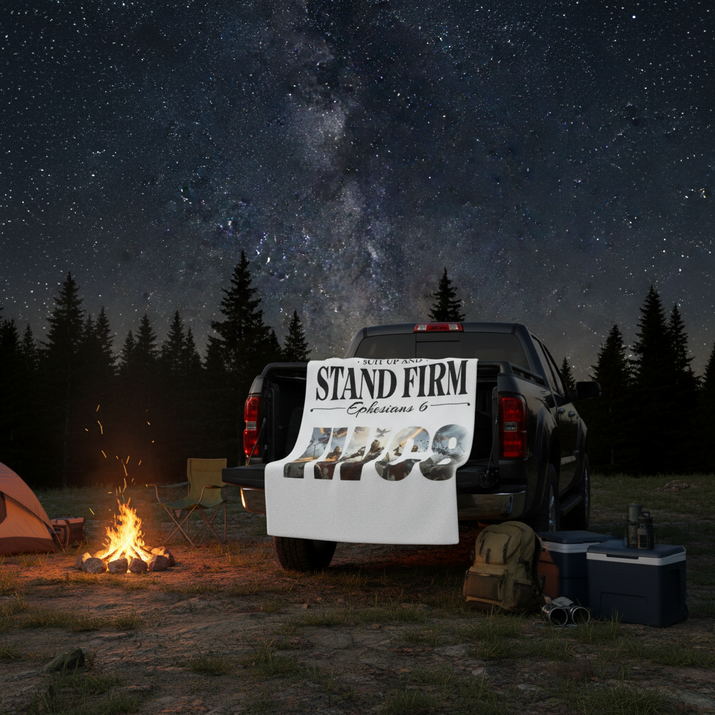 Stand Firm NWC8 blanket on pickup truck tailgate at campsite under stars